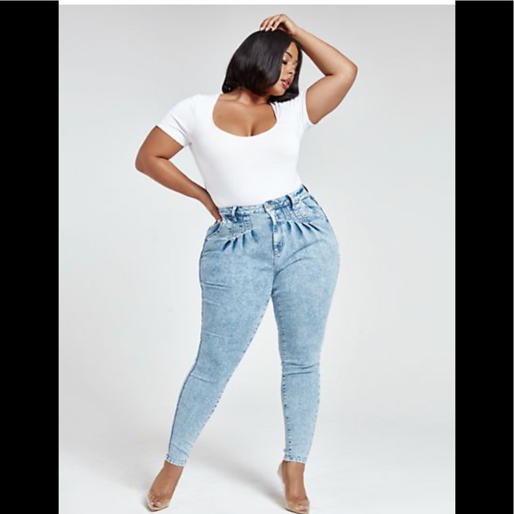 Medium Wash High Rise Pleated Skinny Jeans